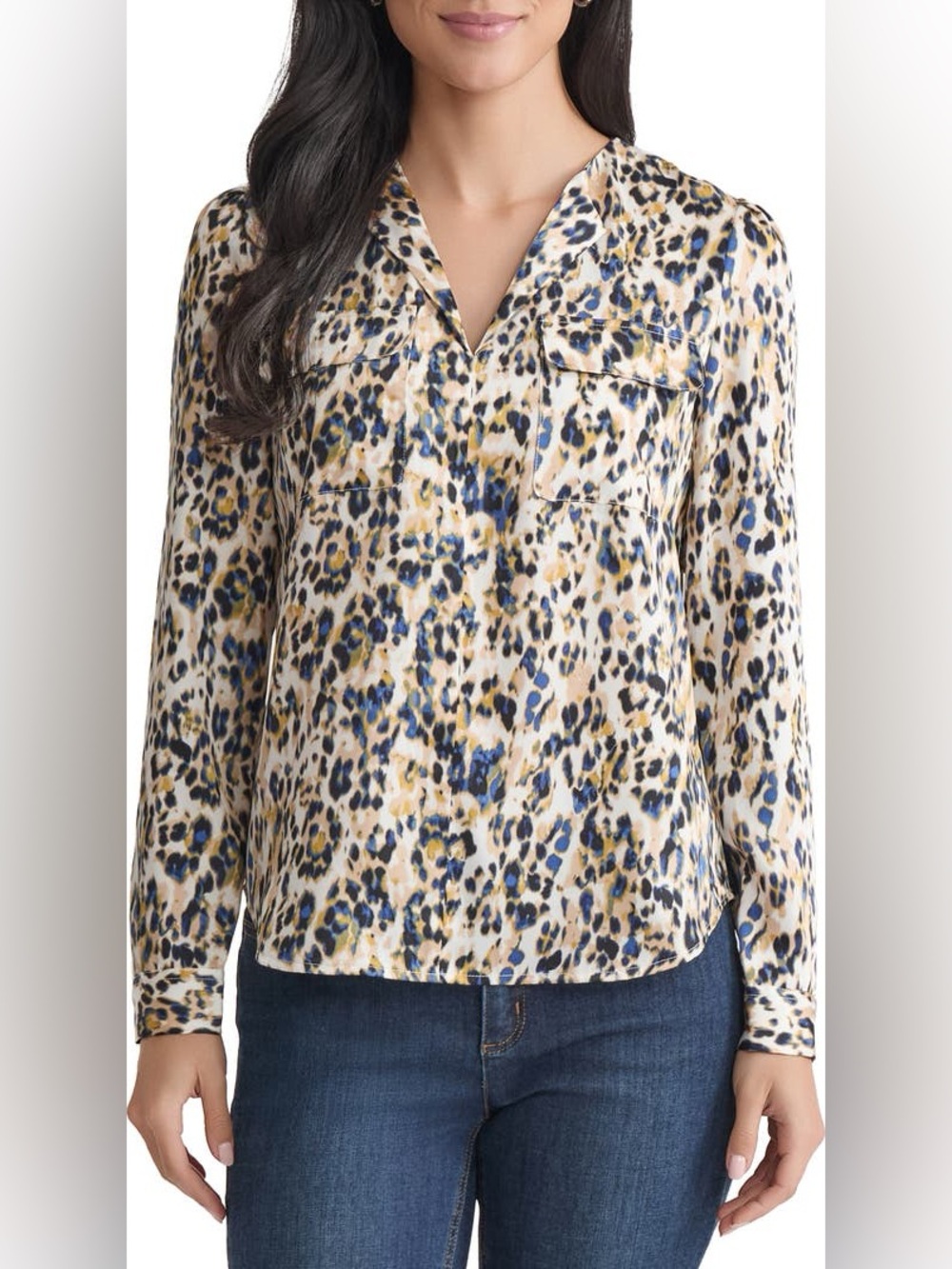 Jones New York Long Sleeve Utility Blouse Animal Satin Twill Petite Small Luxury